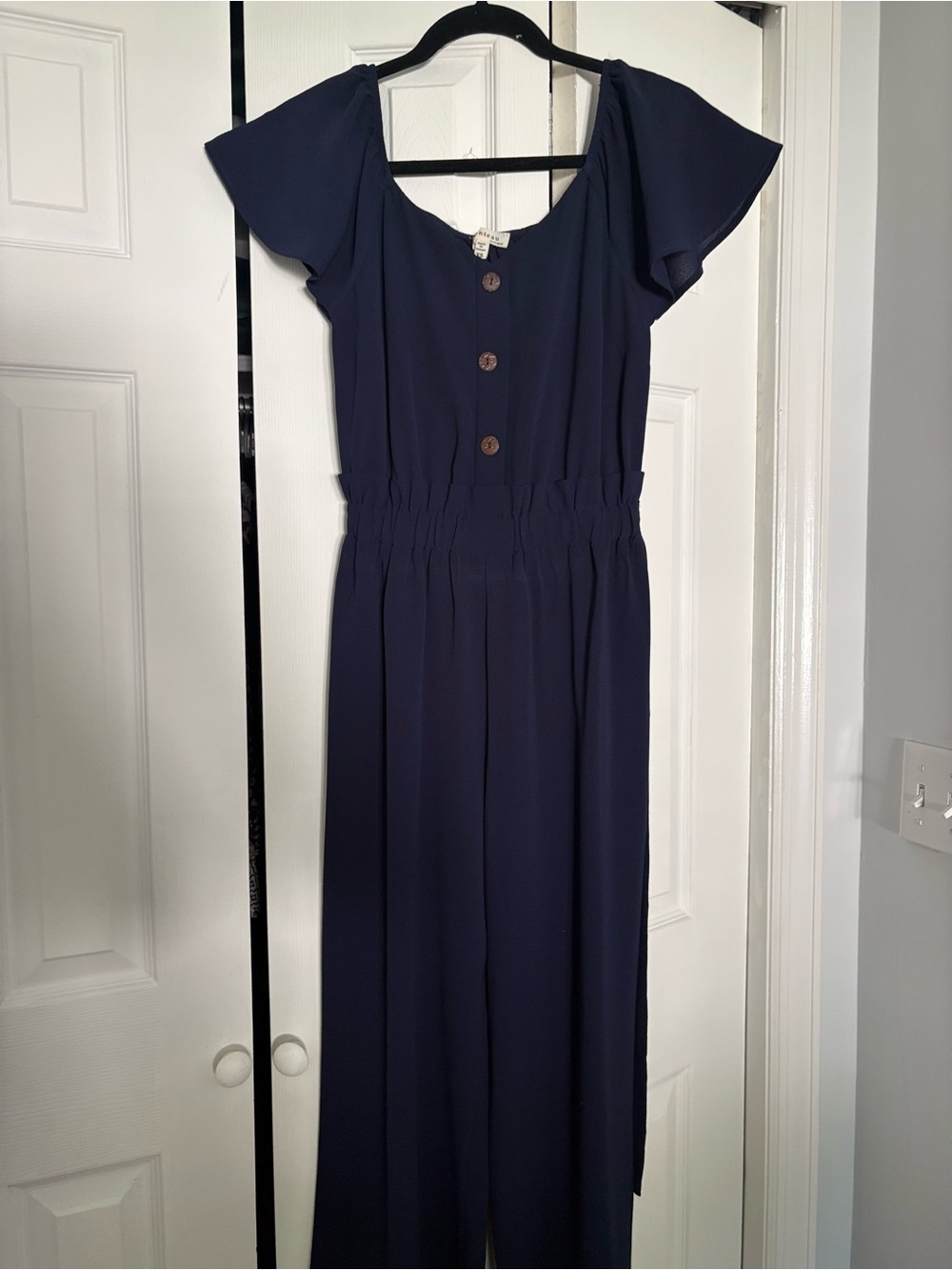 Monteau Navy Button-Front Long Sleeve Jumpsuit